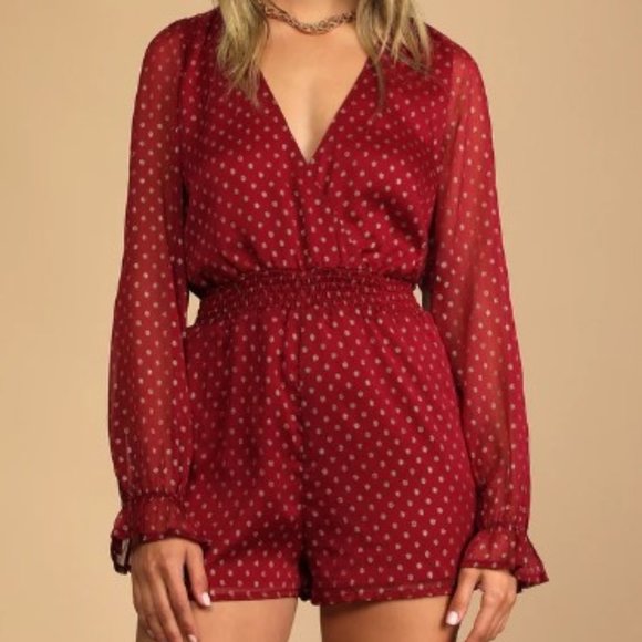 Lulus Pants - Sale! Called For A Toast Long Sleeve Wine Red Gold Dot Romper L